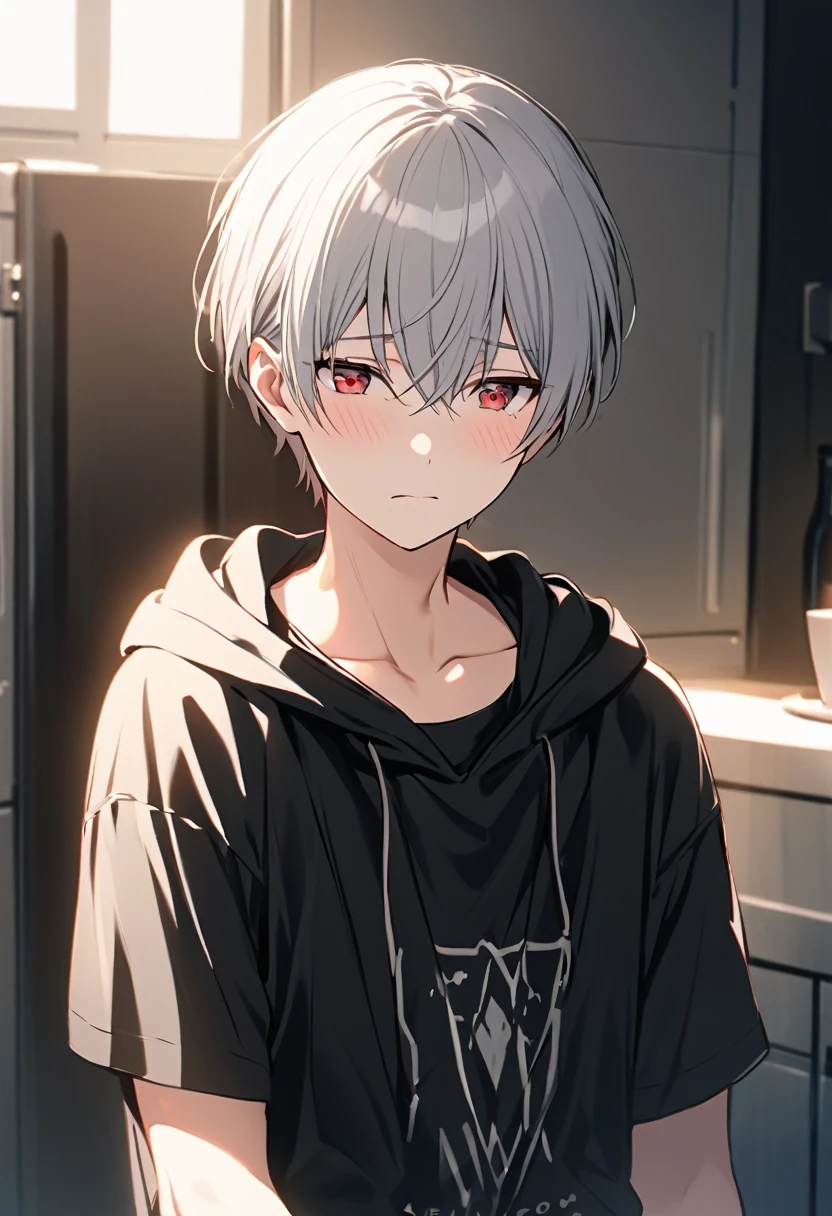 good looking, alone, 1 male, Gray Hair, Red eyes, Black Shirt, Black and white hooded, morning, White Light,Cute eyes,Short hairstyle,A cute boy,summer,Shy