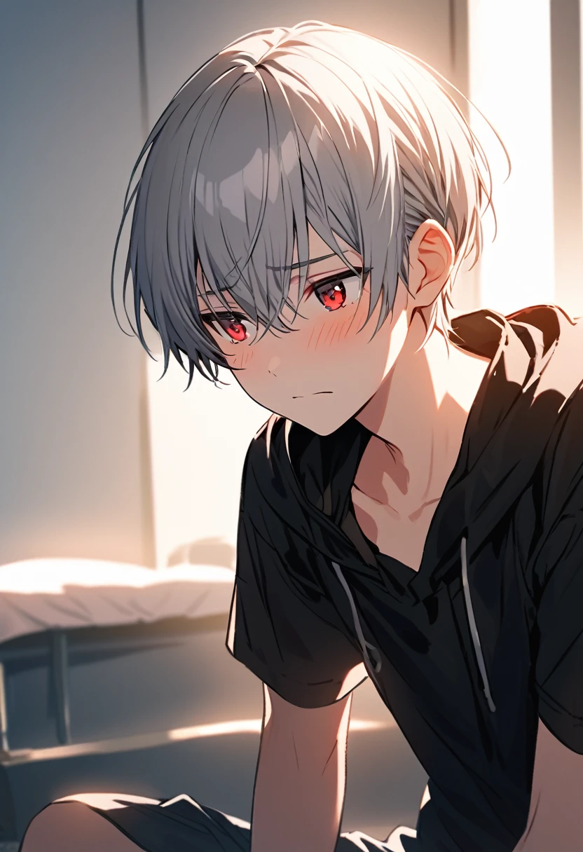 good looking, alone, 1 male, Gray Hair, Red eyes, Black Shirt, Black and white hooded, morning, White Light,Cute eyes,Short hairstyle,A cute boy,summer,Shy