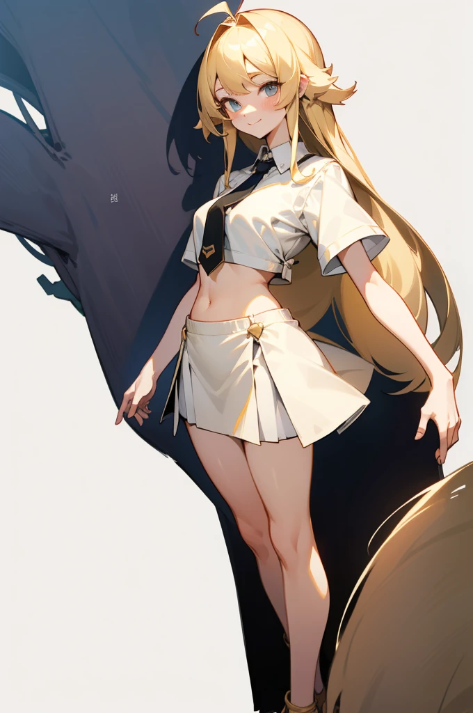 Blonde、long hair、upright stance、full body、Fighter、Belly out、American、Short skirt、shirt、tie、front、Short sleeve、woman、Tree Eyes、White background、Simple Background、smile、tall、flipped hair、Belly out、parted bang、messy hair、Fighter、tall