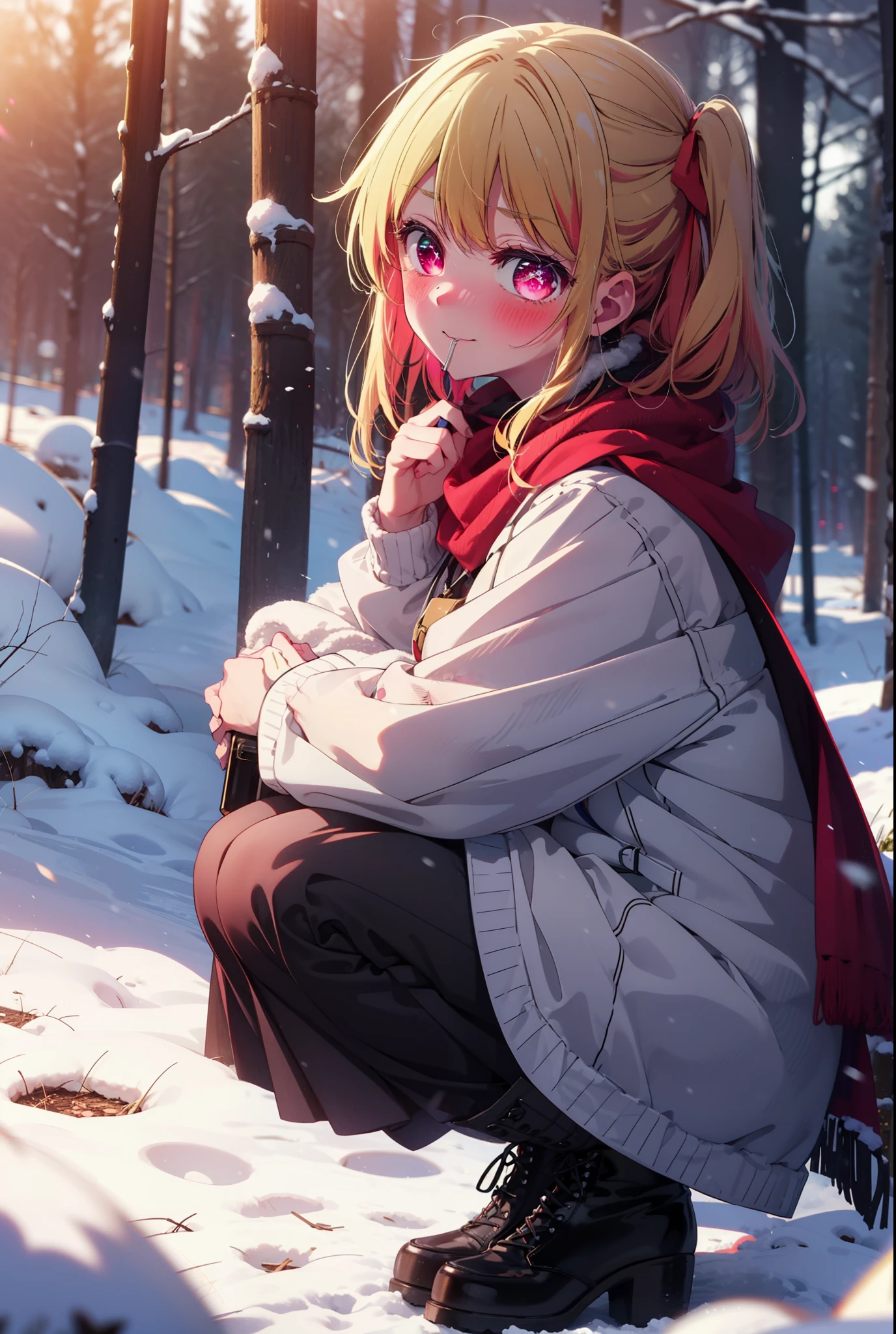 rubyhoshino, Hoshino Ruby, Long Hair, bangs, blonde, (Pink Eyes:1.3), Side Lock, (Symbol-shaped pupil:1.5), Multicolored Hair, Two-tone hair, smile,,smile,blush,white breath,
Open your mouth,snow,Ground bonfire, Outdoor, boots, snowing, From the side, wood, suitcase, Cape, Blurred, , forest, White handbag, nature,  Squat, Mouth closed, Cape, winter, Written boundary depth, Black shoes, red Cape break looking at viewer, Upper Body, whole body, break Outdoor, forest, nature, break (masterpiece:1.2), Highest quality, High resolution, unity 8k wallpaper, (shape:0.8), (Beautiful and beautiful eyes:1.6), Highly detailed face, Perfect lighting, Highly detailed CG, (Perfect hands, Perfect Anatomy),