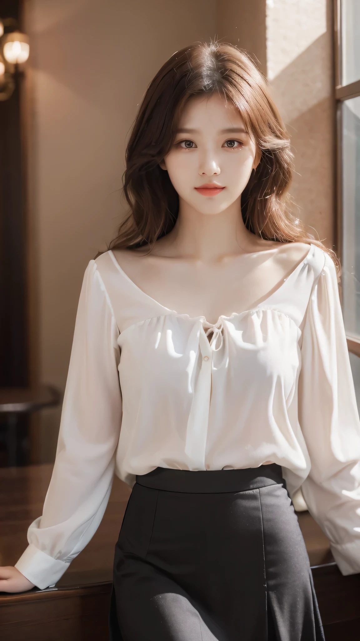 detailed background, masterpiece, best quality, 1 person , curly hair, long hair, purple eyes, star in eye ,red Strapless blouse, long skirt
