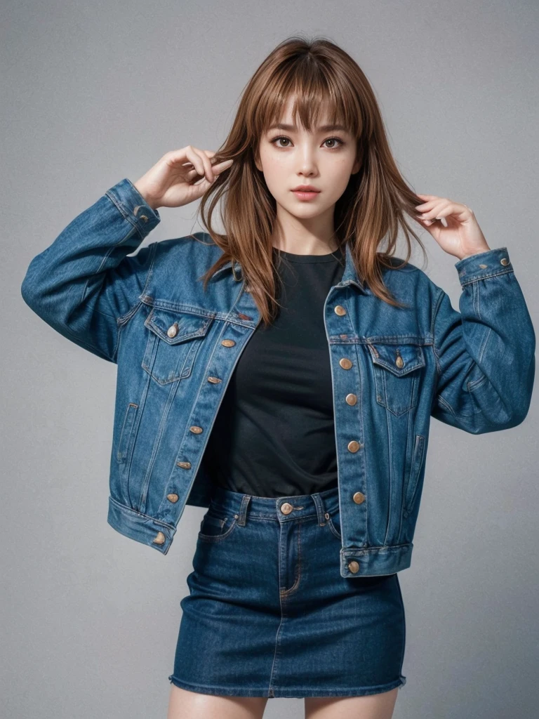 Kasumi, brown eyes, (best quality, ultra-detailed), (realistic:1.37), beautiful and detailed face, ultra-realistic texture, delicate face, delicate body, red lipstick, bright colors. High definition, 8K.
