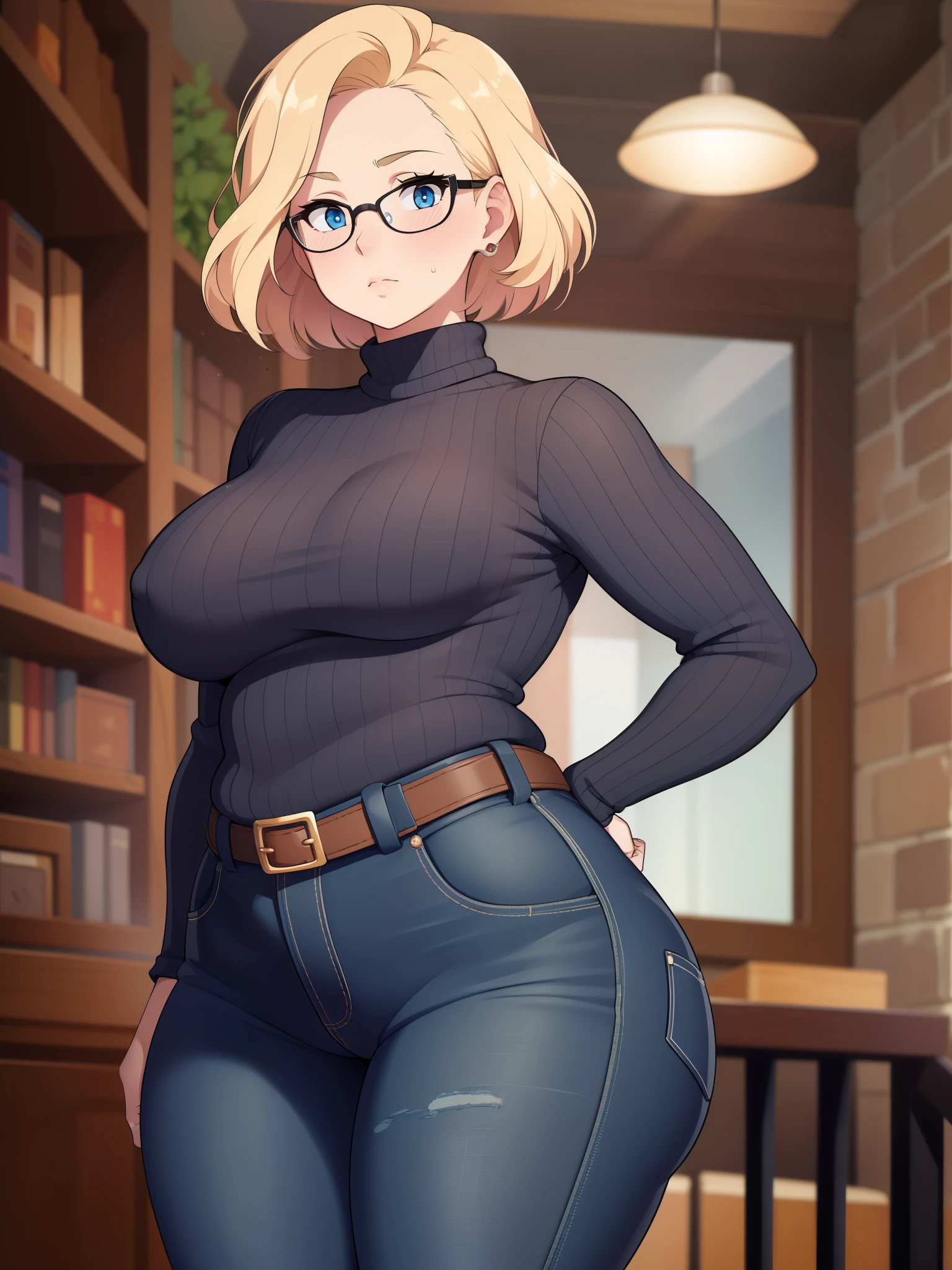 ((Masterpiece)), perfect anatomy, perfect shading, field of depth, (best quality), extremely delicate and beautiful, perfect lighting, detailed face, ultra cute face, cute, (cowboy shot 1.2), full body, (((1girl))), ((solo)), looking at viewer,
short hair, fluffy hair, blonde hair, blue eyes, Glasses, ((Blush)), shy, nervous, (black turtleneck sweater 1.5), (jeans 1.2), belt, extremely tight clothes, medium breasts, ((wide hips)), ((thick thighs)), ((chubby)),
coffee shop, intricate background, detailed background,