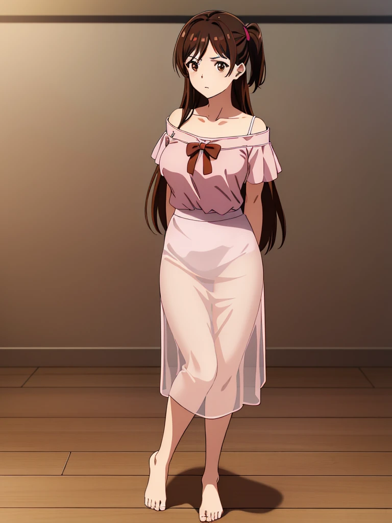 1 girl, alone, Mizuhara Chizuru, (Brown eyes: 1.5), Brown Hair, Long Hair, (One side up: 1.2), Breaker Off Shoulder, clavicle, pink shirt, ショートPuff sleeves, Puff sleeves, Red Bow, shirt, Short sleeve, skirt, white skirt, Rest indoors, In the classroom, Viewing REST Viewer, brake (masterpiece: 1.2), Highest quality, High resolution, unity 8k wallpaper, (artwork: 0.8), (Beautiful attention to detail: 1.6), Highly detailed face, Perfect lighting, Highly detailed CG, (Perfect hands , Perfect Anatomy), Large Breasts, Medium Waist, Wide Hips, wide thighs、The clothes are see-through
