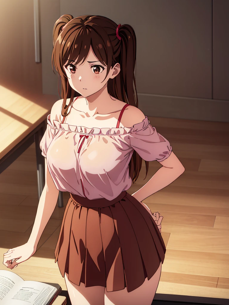 1 girl, alone, Mizuhara Chizuru, (Brown eyes: 1.5), Brown Hair, Long Hair, (One side up: 1.2), Breaker Off Shoulder, clavicle, pink shirt, ショートPuff sleeves, Puff sleeves, Red Bow, shirt, Short sleeve, skirt, white skirt, Rest indoors, In the classroom, Viewing REST Viewer, brake (masterpiece: 1.2), Highest quality, High resolution, unity 8k wallpaper, (artwork: 0.8), (Beautiful attention to detail: 1.6), Highly detailed face, Perfect lighting, Highly detailed CG, (Perfect hands , Perfect Anatomy), Large Breasts, Medium Waist, Wide Hips, wide thighs、The clothes are see-through
