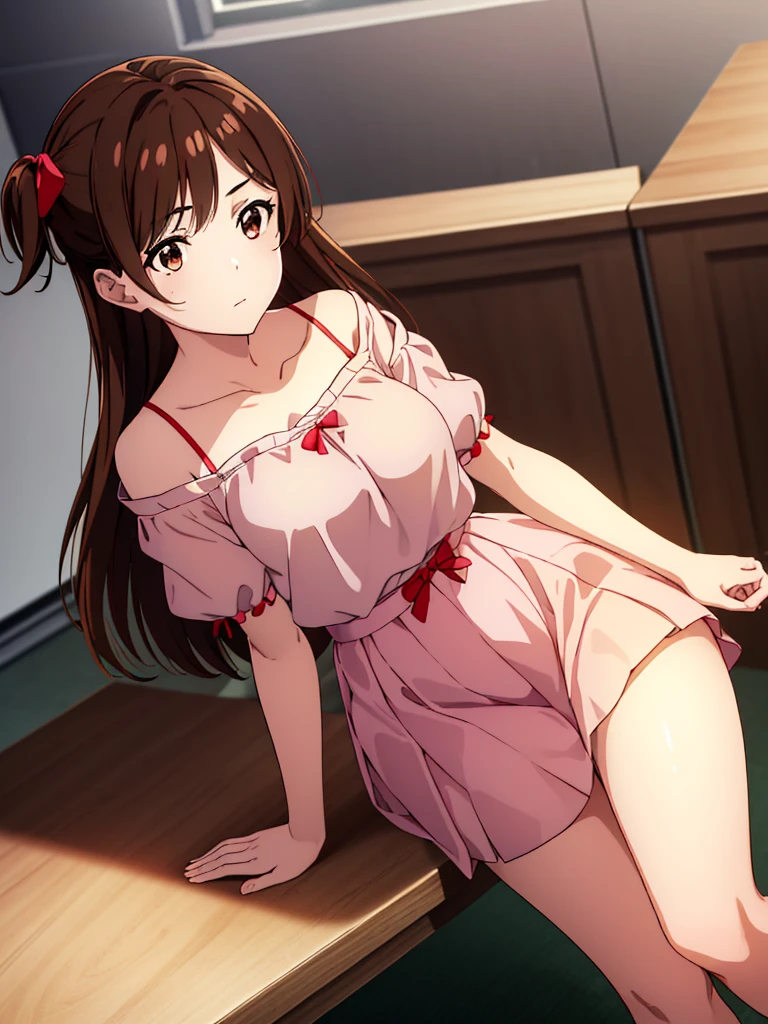 1 girl, alone, Mizuhara Chizuru, (Brown eyes: 1.5), Brown Hair, Long Hair, (One side up: 1.2), Breaker Off Shoulder, clavicle, pink shirt, ショートPuff sleeves, Puff sleeves, Red Bow, shirt, Short sleeve, skirt, white skirt, Rest indoors, In the classroom, Viewing REST Viewer, brake (masterpiece: 1.2), Highest quality, High resolution, unity 8k wallpaper, (artwork: 0.8), (Beautiful attention to detail: 1.6), Highly detailed face, Perfect lighting, Highly detailed CG, (Perfect hands , Perfect Anatomy), Large Breasts, Medium Waist, Wide Hips, wide thighs、The clothes are see-through
