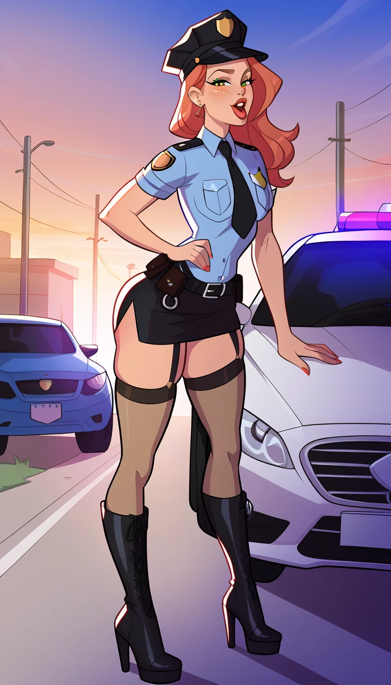 female police officer, girl, aphrodisiac effect, naughty, greedy for sex, (police uniform, short skirt, stockings, high heeled boots), sexy, posing at car
