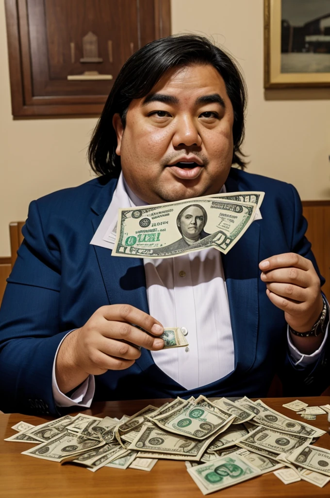 Fat politician eating money