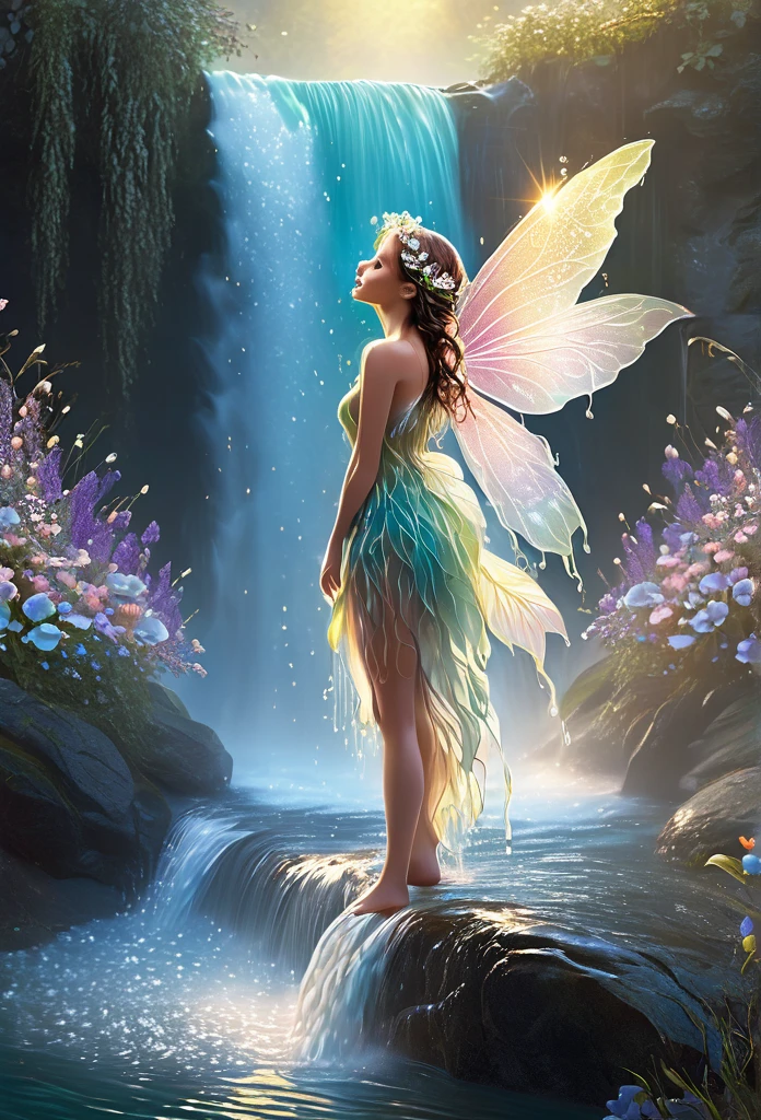 fairy girl,full body,((sensually bathing in a waterfall))sparkling water, waterfall,soft colors flowers,mist,fantasy illustration,perfect anatomy, highly detailed,work of art
