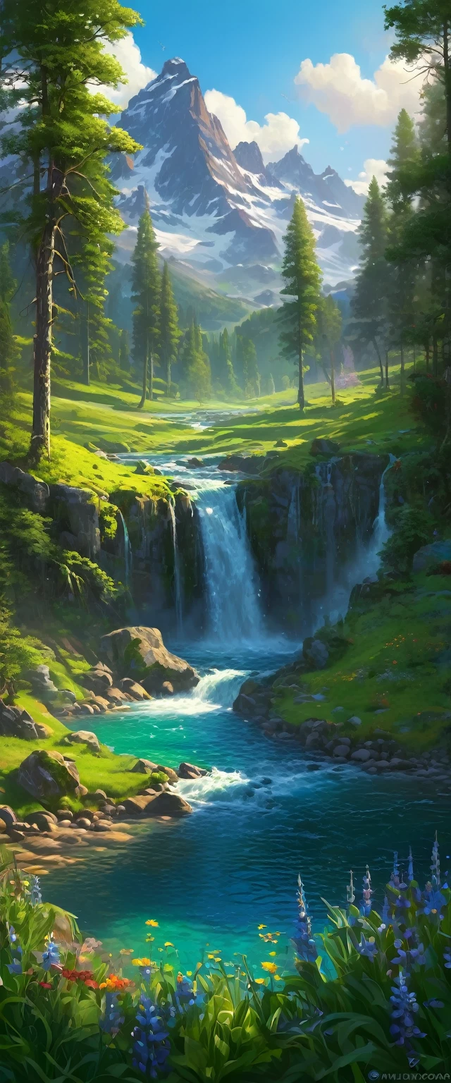 (Best Quality,4k,8k,High resolution,masterpiece:1.2),ultra detailed,(realist,photorealist,photo-realist:1.37),nature,scenic,Beautiful landscaperaining, rain, serene atmosphere,fresh air,Majestic mountains,splendid waterfalls,pristine lakes,lush vegetation,tall trees,flowing rivers,wild flowers,distant horizon,dappled sunlight,vivid colors,Natural beauty,harmonious composition,symphonic harmony,tranquil waters,gentle breeze,quiet environment,Sun-drenched meadows,diverse fauna,serenity,serene retreat,Refreshing oasis,relaxing natural sounds,nature's embrace ULTRA Style Kilian Eng and Thomas Kinkade, Rob Gonsalves and Tim White , Silvain Sarriel. Rhads and Thomas Kinkade, inspired by RHADS, cyril rolando and m.I'm confused, cyril rolando and m. I'm confused, Rhads!!!, animated background, animated background art, beautiful anime scene, Over the clouds, Kilian Eng y Thomas Kinkade, Rob Gonsalves y Tim White., silvain sarriel, Rhads y Thomas Kinkade, inspired by RHADS, cyril rolando and m.I'm confused, cyril rolando and m. I'm confused, Rhads!