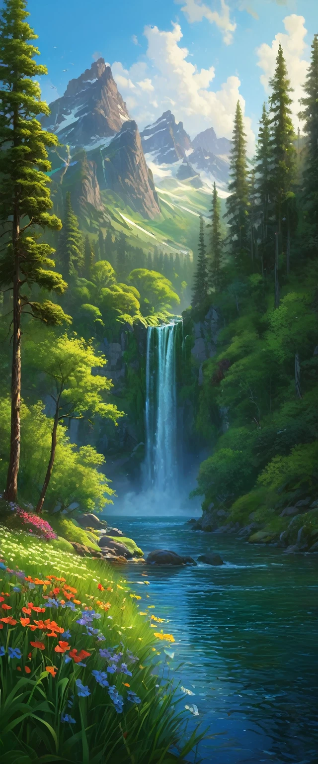 (Best Quality,4k,8k,High resolution,masterpiece:1.2),ultra detailed,(realist,photorealist,photo-realist:1.37),nature,scenic,Beautiful landscaperaining, rain, serene atmosphere,fresh air,Majestic mountains,splendid waterfalls,pristine lakes,lush vegetation,tall trees,flowing rivers,wild flowers,distant horizon,dappled sunlight,vivid colors,Natural beauty,harmonious composition,symphonic harmony,tranquil waters,gentle breeze,quiet environment,Sun-drenched meadows,diverse fauna,serenity,serene retreat,Refreshing oasis,relaxing natural sounds,nature's embrace ULTRA Style Kilian Eng and Thomas Kinkade, Rob Gonsalves and Tim White , Silvain Sarriel. Rhads and Thomas Kinkade, inspired by RHADS, cyril rolando and m.I&#39;m confused, cyril rolando and m. I&#39;m confused, Rhads!!!, animated background, animated background art, beautiful anime scene, Over the clouds, Kilian Eng y Thomas Kinkade, Rob Gonsalves y Tim White., silvain sarriel, Rhads y Thomas Kinkade, inspired by RHADS, cyril rolando and m.I&#39;m confused, cyril rolando and m. I&#39;m confused, Rhads!
