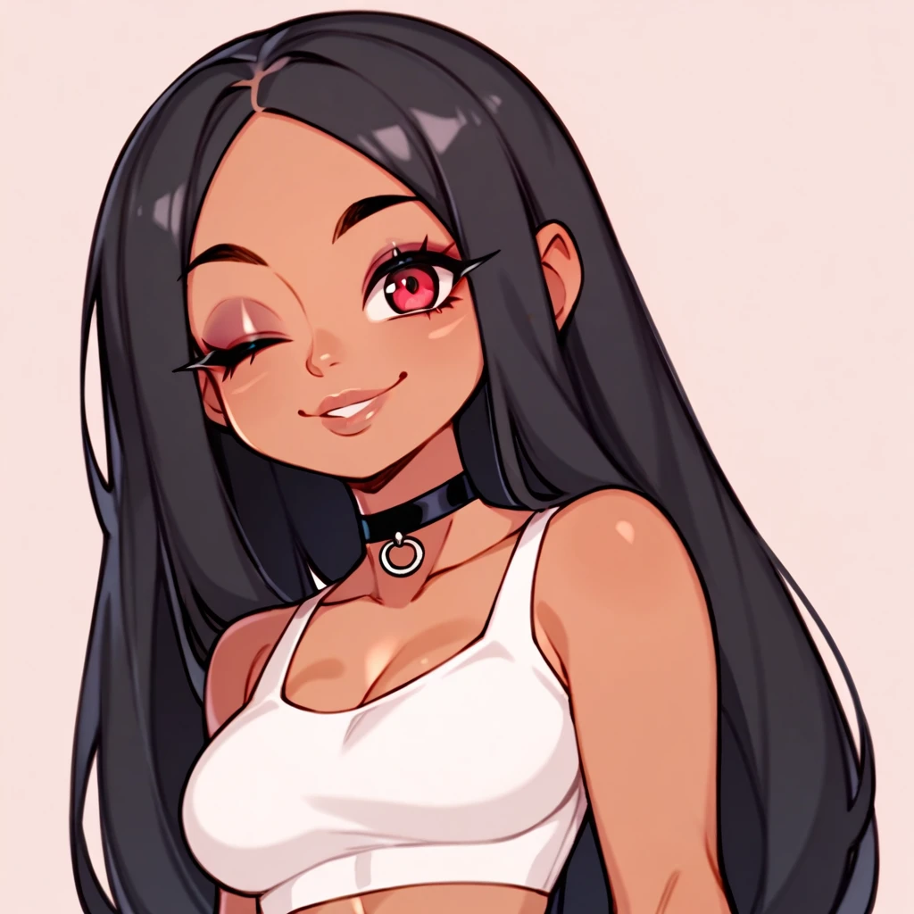 score_9, score_8_up, score_7_up, 1girl, smirk, wink, ((portrait)), ((curvy)), ((twitch emote)), (((cute face))), long hair, fluffy pink and black hair,big eyes,dark red  anime eyes, eyeliner, long lashes, soft and full lips, choker, jewelry, crop top, (Jelly Art Style:0.2), ((anime style:0.8)), (((white