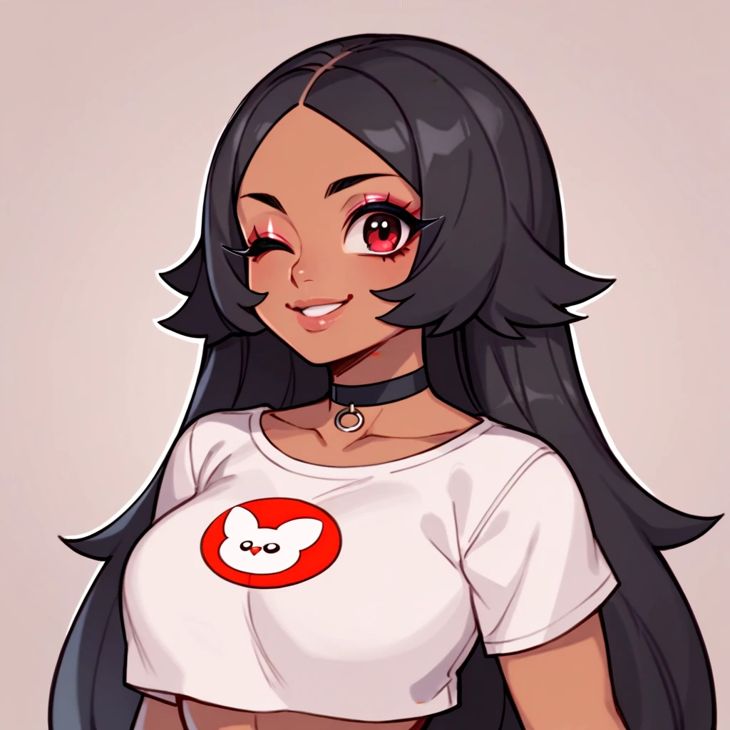 score_9, score_8_up, score_7_up, 1girl, smirk, wink, ((portrait)), ((curvy)), ((twitch emote)), (((cute face))), long hair, fluffy pink and black hair,big eyes,dark red  anime eyes, eyeliner, long lashes, soft and full lips, choker, jewelry, crop top, (Jelly Art Style:0.2), ((anime style:0.8)), (((white