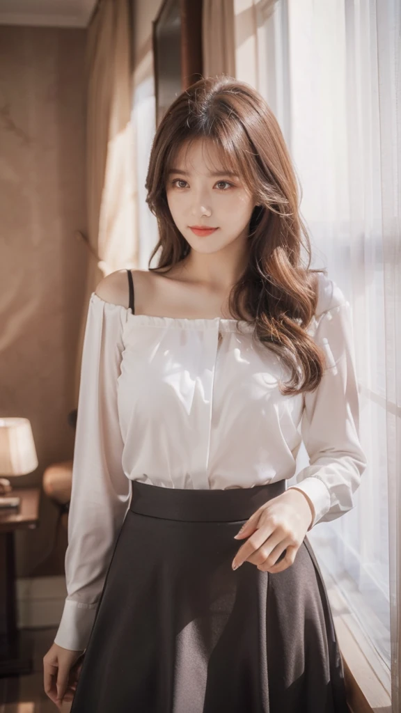 detailed background, masterpiece, best quality, 1 person , curly hair, long hair, purple eyes, star in eye ,red ♥️ ♥️ ♥️ ♥️ ♥️ ♥️ ♥️ ♥️ ♥️ ♥️ Strapless blouse, long skirt