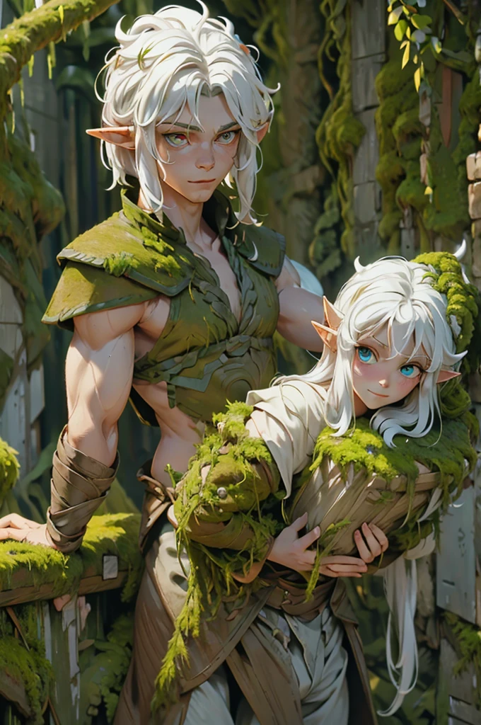 Druid elf, white, golden eyes, white hair, shirtless, back and arms full of moss, wearing pants made of moss and wood, pointed face, pointed ears, slanted eyes, tender smile, wearing a moss cap, very slim
