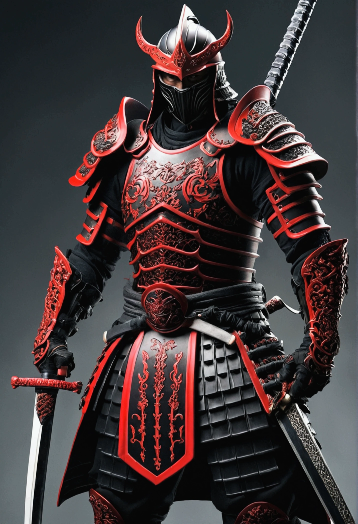 warrior,black and red armor,Brutal killer,holding a samurai sword in both hands