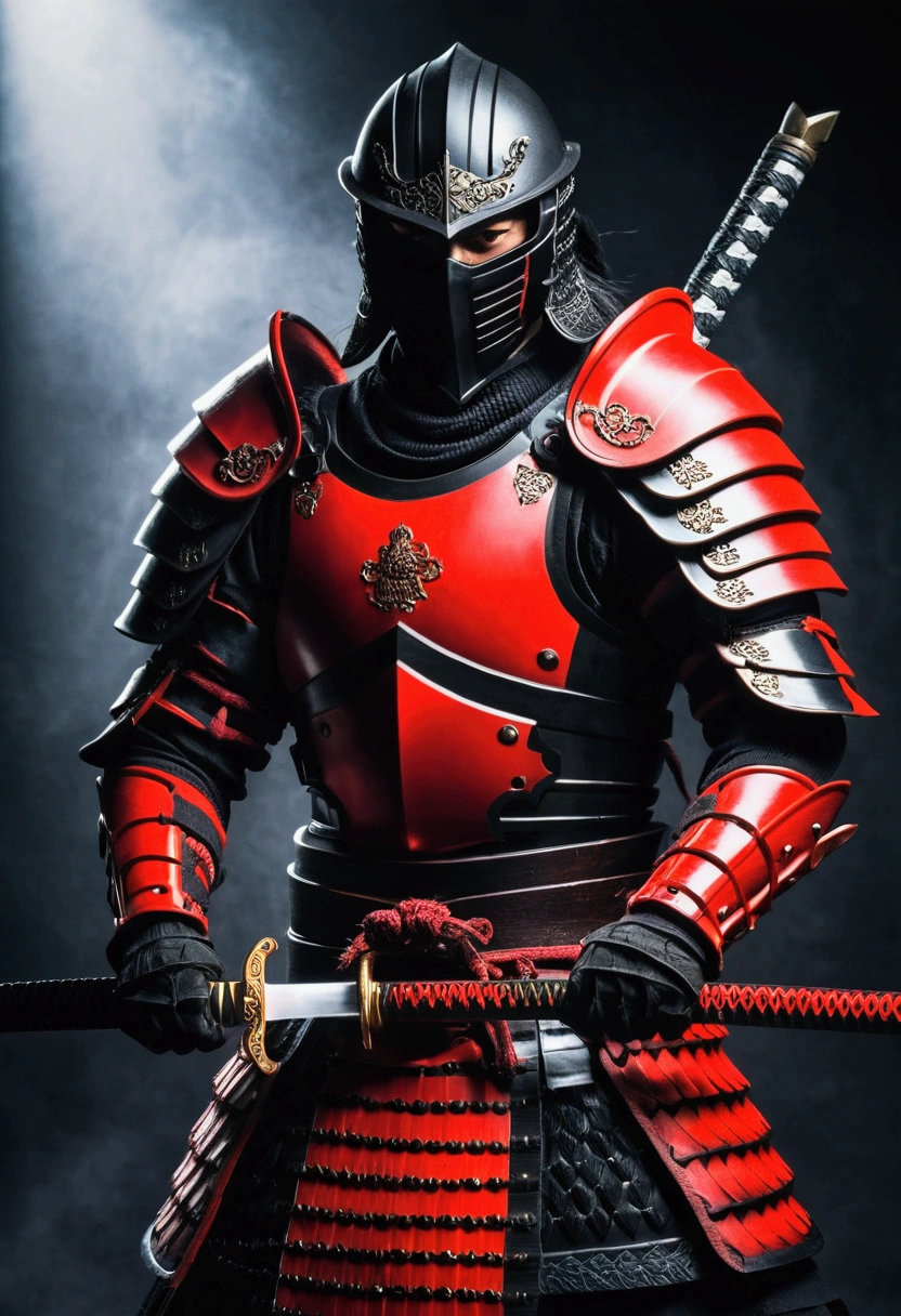 warrior,black and red armor,Brutal killer,holding a samurai sword in both hands