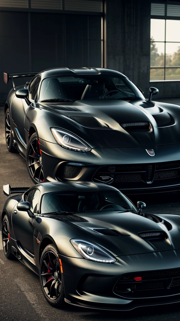 there is a black Dodge Viper sports car parked inside of a glasshouse in front of a large window, with a forest in the background , concept art inspired by Harry Haenigsen, unsplash, photorealism, sports car in the room, hyper detailed, sports car, sportcar, 8 k octane detailed render, hyperdetailed!, black car, style of gta v artworks, hyper realistic octane render 4k, 8 k octane comprehensive render, full body shot, car photoshoot