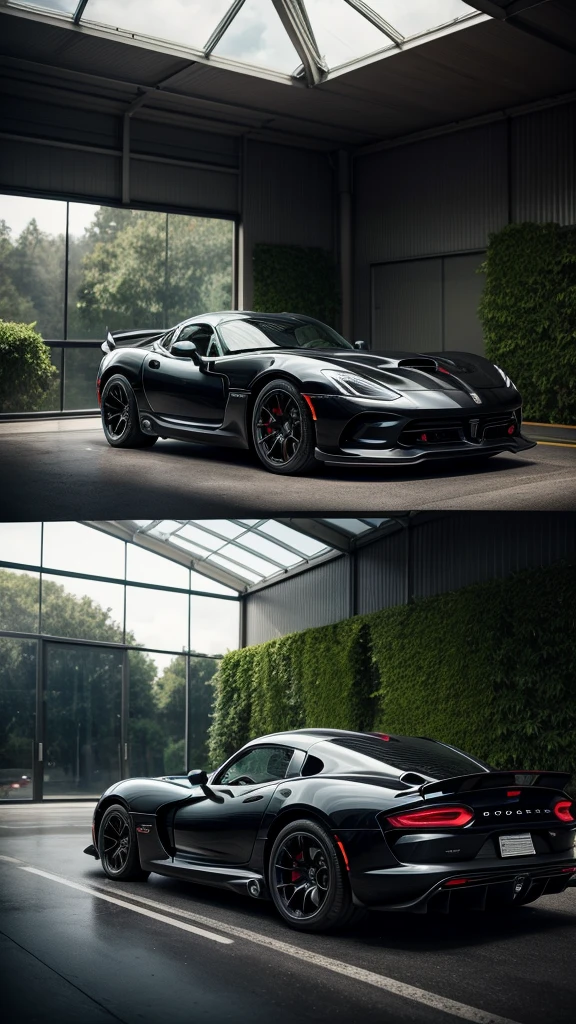 there is a black Dodge Viper sports car parked inside of a glasshouse in front of a large window, with a forest in the background , concept art inspired by Harry Haenigsen, unsplash, photorealism, sports car in the room, hyper detailed, sports car, sportcar, 8 k octane detailed render, hyperdetailed!, black car, style of gta v artworks, hyper realistic octane render 4k, 8 k octane comprehensive render, full body shot, car photoshoot