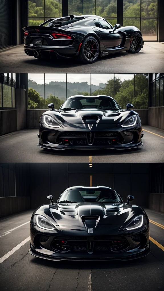 there is a black Dodge Viper sports car parked inside of a glasshouse in front of a large window, with a forest in the background , concept art inspired by Harry Haenigsen, unsplash, photorealism, sports car in the room, hyper detailed, sports car, sportcar, 8 k octane detailed render, hyperdetailed!, black car, style of gta v artworks, hyper realistic octane render 4k, 8 k octane comprehensive render, full body shot, car photoshoot