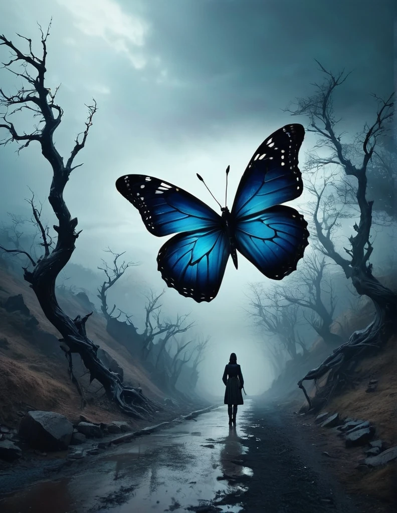 (butterfly:1.5),(butterfly theme:1.5),(dark horror theme:1.5),(thriller:1.5),(inspiration from Stephen King:1.5),(dark fantasy:1.5), (ink and watercolor painting:1.5), (black and white color:1.5), 8k, 4k, (landscapes:1.5),(A large number of butterflies fly towards the viewer:1.5),(ruined:1.5),(ruined village:1.5),(1800s:1.5), (ruined theme:1.5),(lots of flying butterflies:1.5),(puddle:1.5),(Unpaved roads:1.5),(absurderes:1.5),(fantastic:1.5),(best quality:1.5),(masterpiece:1.5),full body length,Quartz Manganite babygirl plays with doll,pretty face,eyebrow up,full body shot,ominous landscape,Fluorite Wulfenite atmosphere,by art Simon Stalenhag,Nicola Samori,(((Wangechi Mutu))),prime colors,urban,extremely detailed,masterpiece,intricate details,faded,eyes extremely detailed, high detailed eyes,4k resolution,RAW, Nikon Z9,scary town,stalker,orc,Stone Forest in Yunnan Province of China,best quality, ultra-detailed, realistic, portraits, dark and eerie atmosphere, glowing eyes, ethereal presence, hauntingly beautiful, ghostly figures, swirling mists, supernatural entities, demonic essence, shadowy forms, eerie whispers, sinister aura, hauntingly pale skin, dark and twisted branches, flickering candlelight, macabre elements, mysterious and enigmatic, spectral apparitions, gothic art style, hauntingly captivating, spectral realm, hauntingly melancholic, otherworldly beauty, ethereal glow, hauntingly haunting, chilling and atmospheric, eerie and ominous lighting.