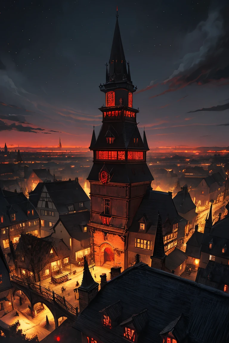 old European village shot with bird view, (Red glowing eyes), masterpiece, Depth of written boundary, Lutz, Gwaites style artwork, Gothic aesthetics, Dark Vampire village, ((in the dark gothic style cathle:1)), ((dark mid-night time:1.5)),