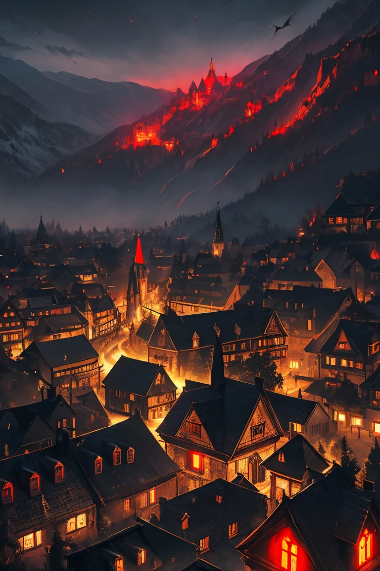 old European village shot with bird view, (Red glowing eyes), masterpiece, Depth of written boundary, Lutz, Gwaites style artwork, Gothic aesthetics, Dark Vampire village, ((in the dark gothic style cathle:1)), ((dark mid-night time:1.5)),