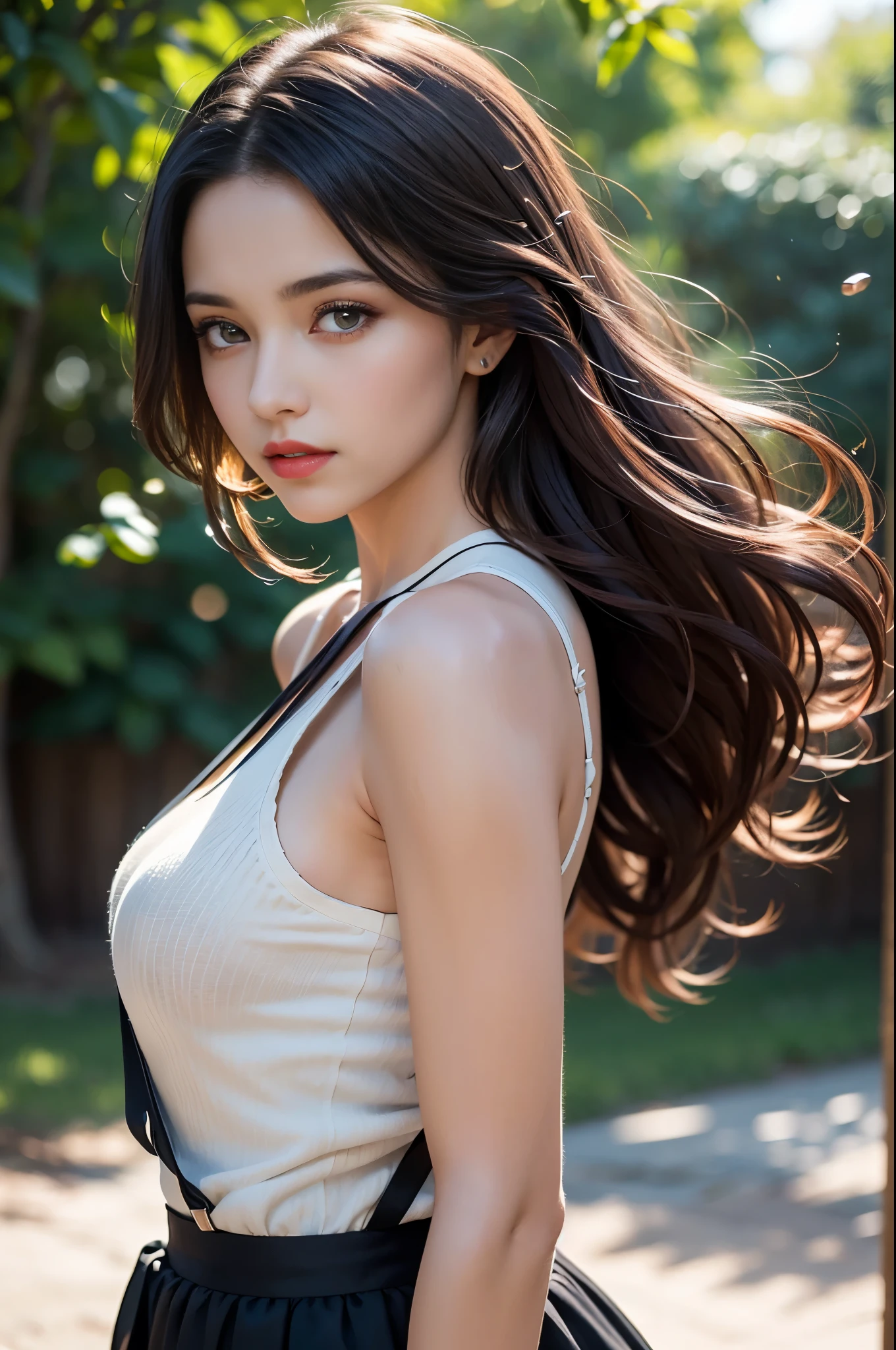 (Best quality,8k,high resolution,masterpiece:1.2),Digital Artwork,A girl,Delicate face,Delicate eyes,Dark brown hair,Straight Hair,Shining amber eyes,Red lips,suspender long skirt,particle,dust,Warm colors,shy,in love,Pokémon_Ibrahimovic,Ibrahimovic_Pokémon,Eevee drawing,Men's white collar shirt,necklace,Jewelry,Pretty Face,Large Breasts,more than_Body,Tyndall effect,lifelike,Dark Studio,(HD Skin:1.2),8k Ultra HD,Soft Light,high quality,Edge lighting,Two-color lighting,Volumetric Lighting,frank,Professional photography,超high resolution,8k,Bokeh,Shallow depth of field