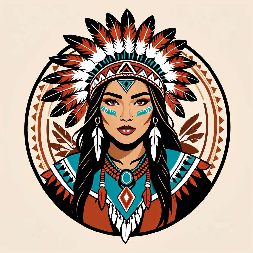 female warmage in native american folk outfit ,vector graphics, strong contours, logo design