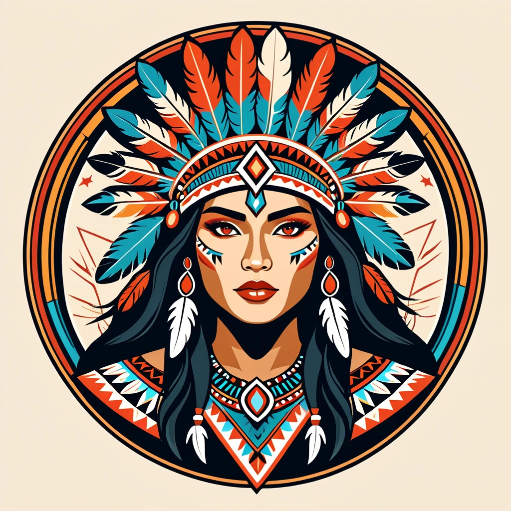 female warmage in native american folk outfit ,vector graphics, strong contours, logo design