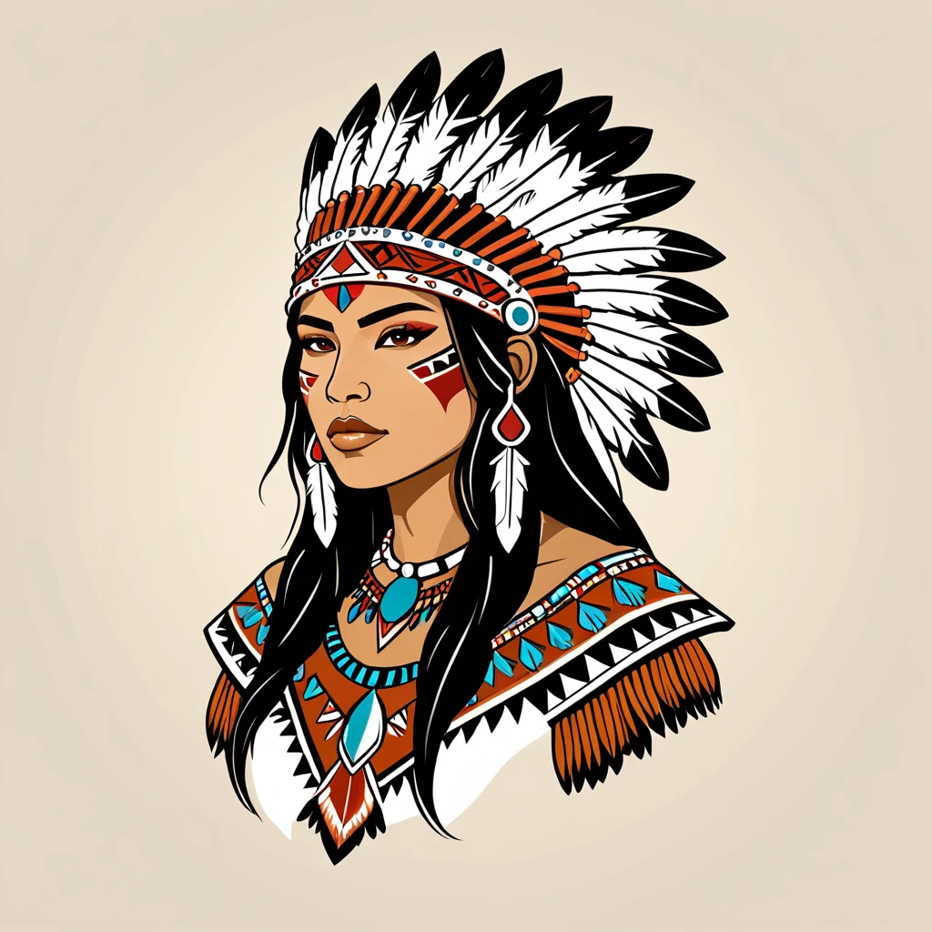 female warrior in native american folk outfit ,vector graphics, strong contours, logo design