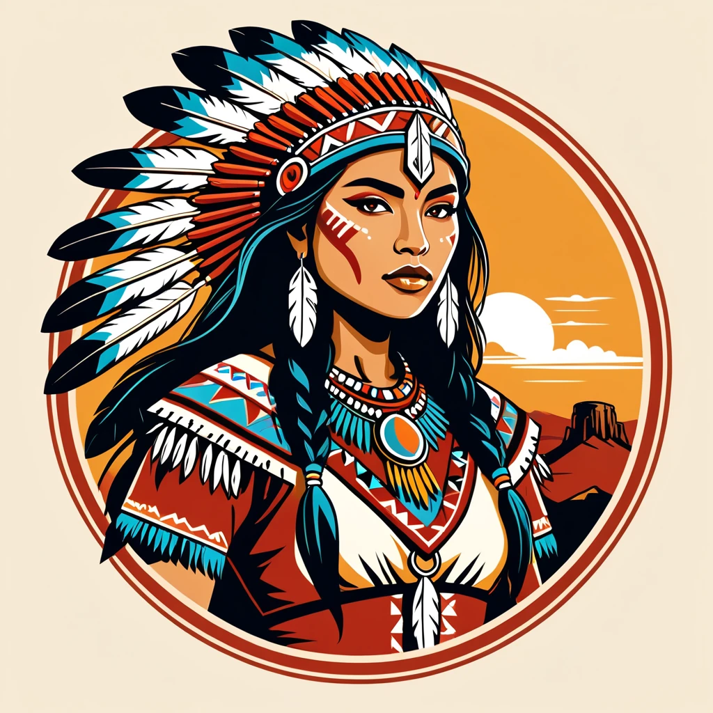 female warrior in native american folk outfit ,vector graphics, strong contours, logo design