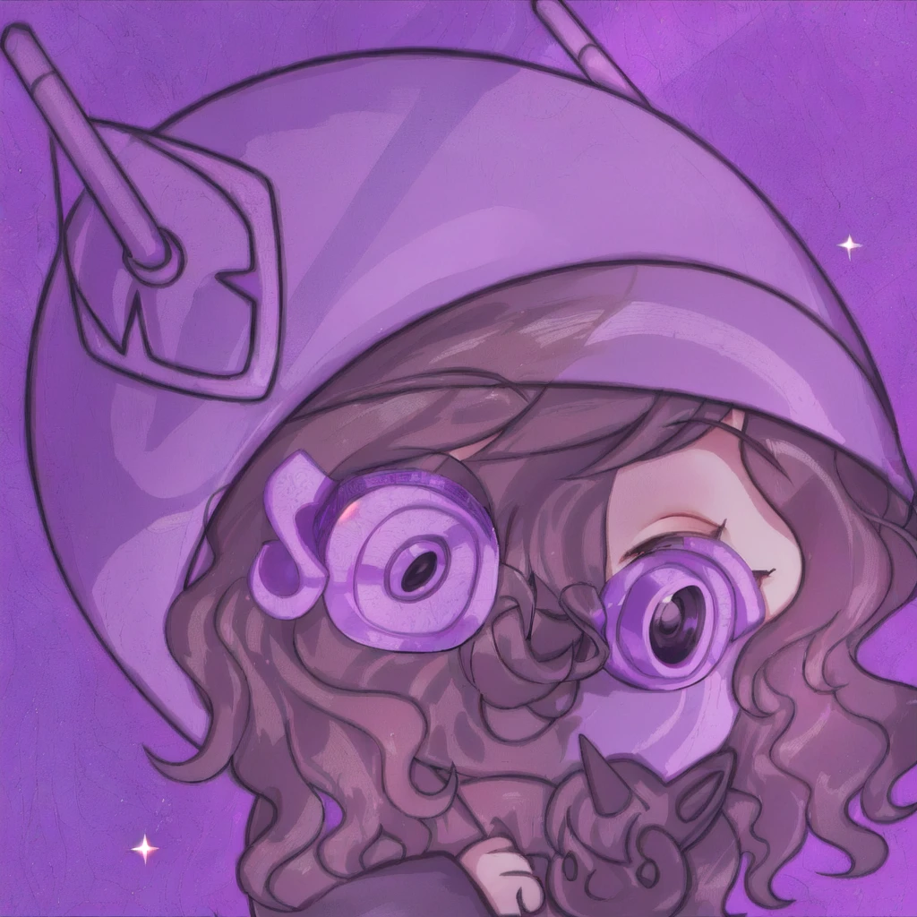 1girl,solo, high quality, dark brown long curly hair, tan skin, purple eyecolor, wears a helmet, she is holding a unicorn plushie, purple outfit, white background,