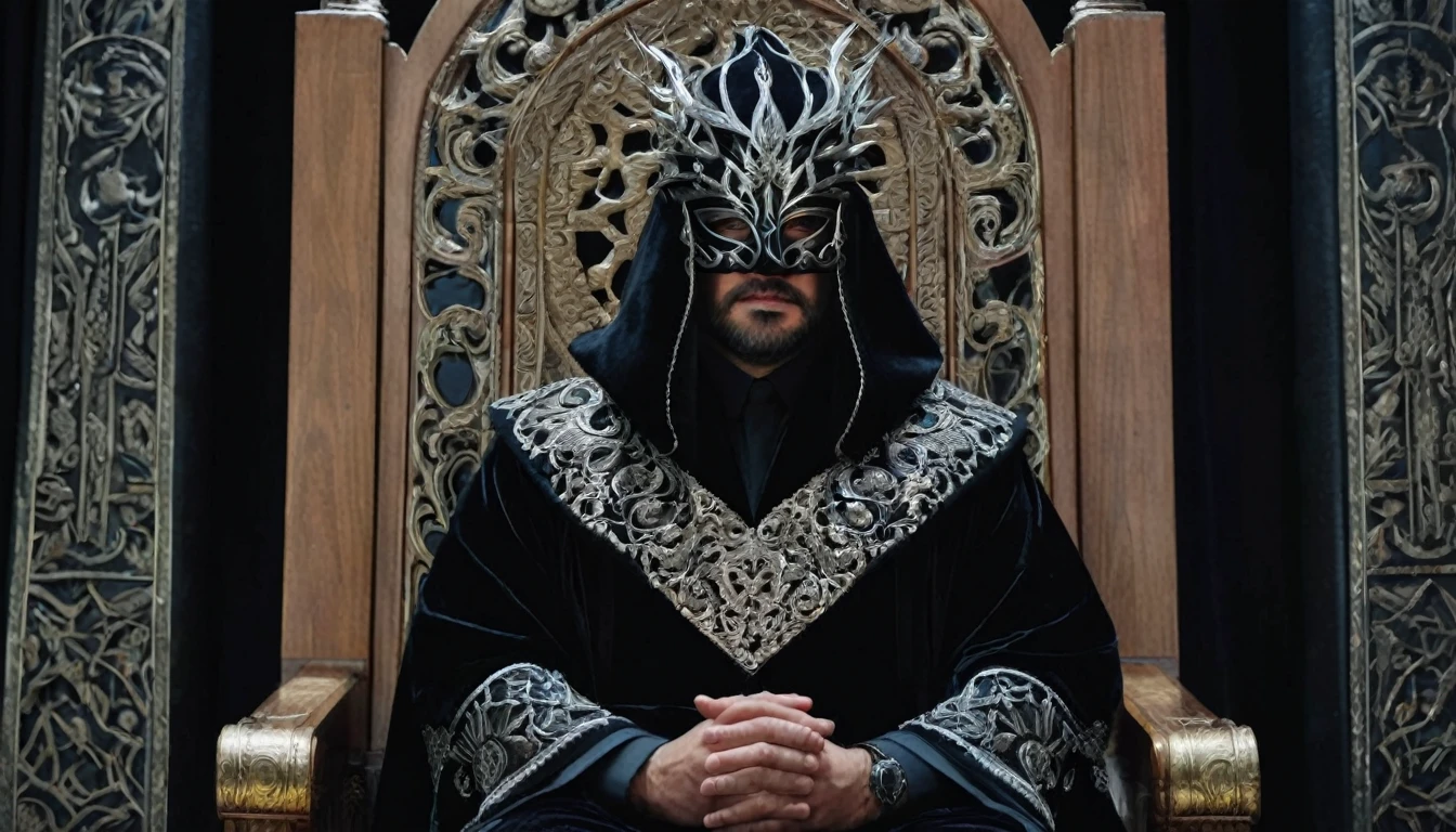 On the left, sitting rigidly on his throne, is the Judge of Opposition. His presence is imposing, emanating an aura of challenge. The silver mask covering his face is adorned with intricate interlaced patterns resembling thorns, symbolizing the constant search for flaws and imperfections.
His attire is a velvet black robe, embroidered with silver threads that shimmer in the torchlight. The eyes of the Judge of Opposition, visible only through narrow slits in the mask, shine with a piercing intensity, as if they could penetrate the soul of anyone who dares to lie before him. His hands, gloved in dark leather, rest on the arms of the throne, fingers tapping silently in a steady and unsettling rhythm.