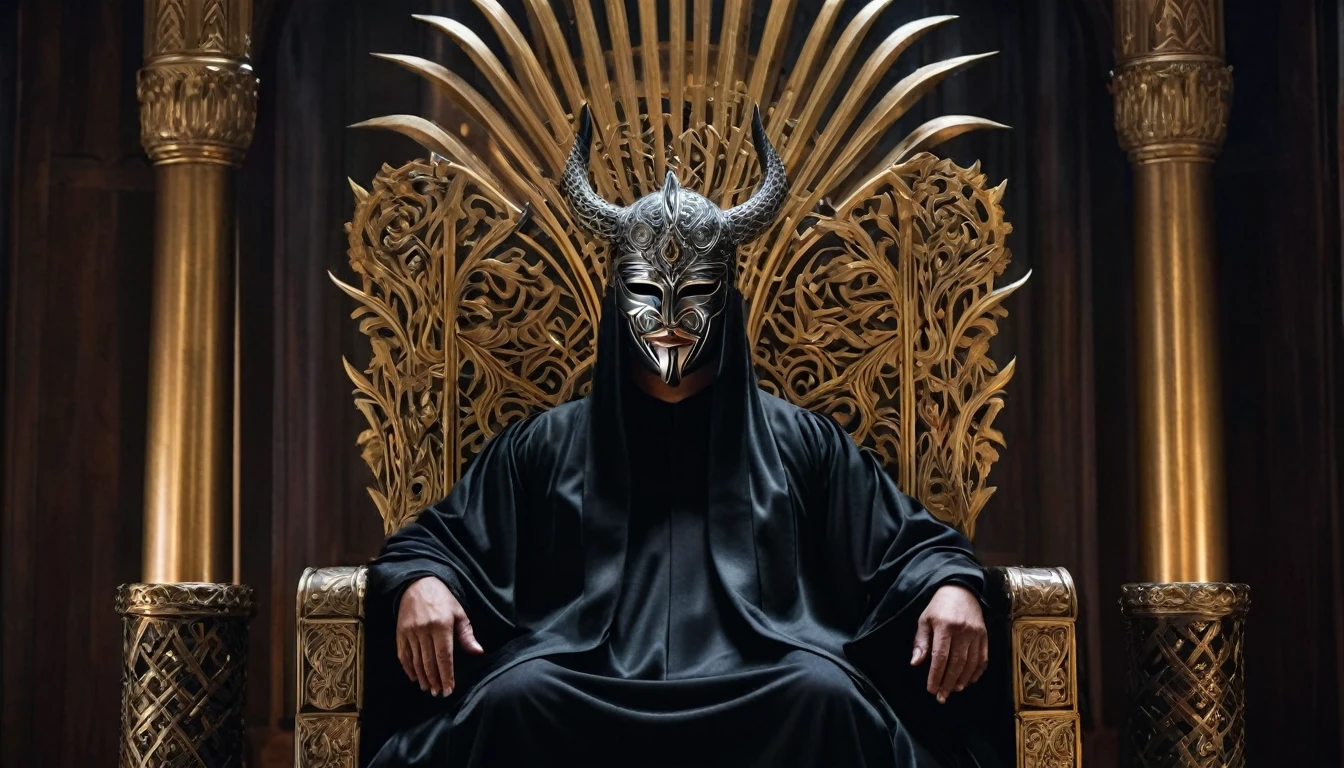 On the left, sitting rigidly on his throne, is the Judge of Opposition. His presence is imposing, emanating an aura of challenge. The silver mask covering his face is adorned with intricate interlaced patterns resembling thorns, symbolizing the constant search for flaws and imperfections.
His attire is a velvet black robe, embroidered with silver threads that shimmer in the torchlight. The eyes of the Judge of Opposition, visible only through narrow slits in the mask, shine with a piercing intensity, as if they could penetrate the soul of anyone who dares to lie before him. His hands, gloved in dark leather, rest on the arms of the throne, fingers tapping silently in a steady and unsettling rhythm.