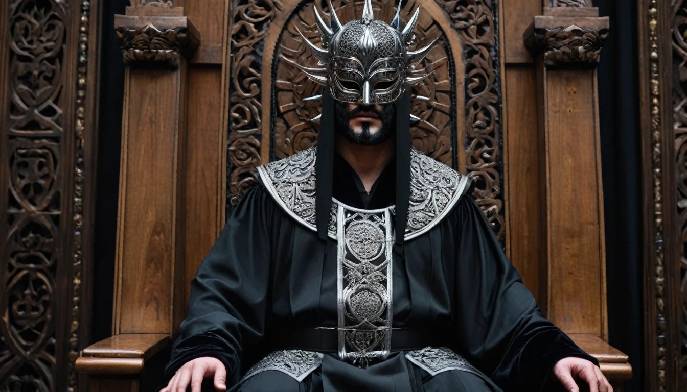 On the left, sitting rigidly on his throne, is the Judge of Opposition. His presence is imposing, emanating an aura of challenge. The silver mask covering his face is adorned with intricate interlaced patterns resembling thorns, symbolizing the constant search for flaws and imperfections.

His attire is a velvet black robe, embroidered with silver threads that shimmer in the torchlight. The eyes of the Judge of Opposition, visible only through narrow slits in the mask, shine with a piercing intensity, as if they could penetrate the soul of anyone who dares to lie before him. His hands, gloved in dark leather, rest on the arms of the throne, fingers tapping silently in a steady and unsettling rhythm.