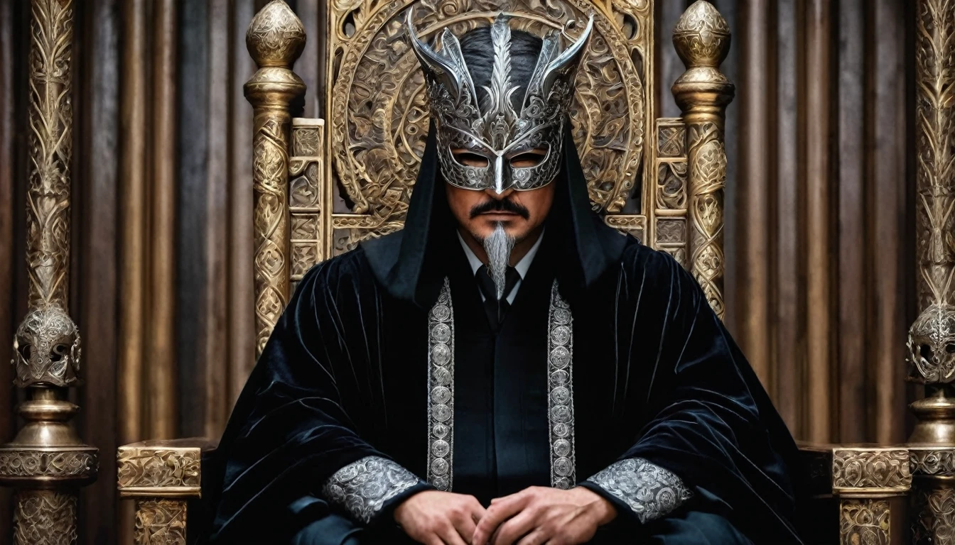 On the left, sitting rigidly on his throne, is the Judge of Opposition. His presence is imposing, emanating an aura of challenge. The silver mask covering his face is adorned with intricate interlaced patterns resembling thorns, symbolizing the constant search for flaws and imperfections.
His attire is a velvet black robe, embroidered with silver threads that shimmer in the torchlight. The eyes of the Judge of Opposition, visible only through narrow slits in the mask, shine with a piercing intensity, as if they could penetrate the soul of anyone who dares to lie before him. His hands, gloved in dark leather, rest on the arms of the throne, fingers tapping silently in a steady and unsettling rhythm.