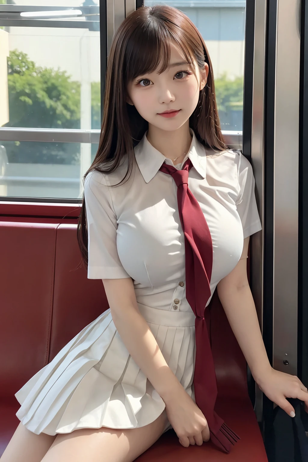 (masutepiece, Best Quality:1.2), 8K, 23age, student, school cosplay, Official art, Raw photo, absurderes, White dress shirts, Pretty Face, close up, Upper body, violaceaess, gardeniass, The most beautiful girl in the world, , (Navy pleated skirt:1.1), Cinch West, thighs thighs thighs thighs, Short sleeve, on train, Sit on a bench seat, Looking at Viewer, No makeup, (Smile:0.4), Film grain, chromatic abberation, Sharp Focus, face lights, clear lighting, large breasts, Detailed face, Bokeh background, (dark red necktie:1.1)full bodyesbian、
