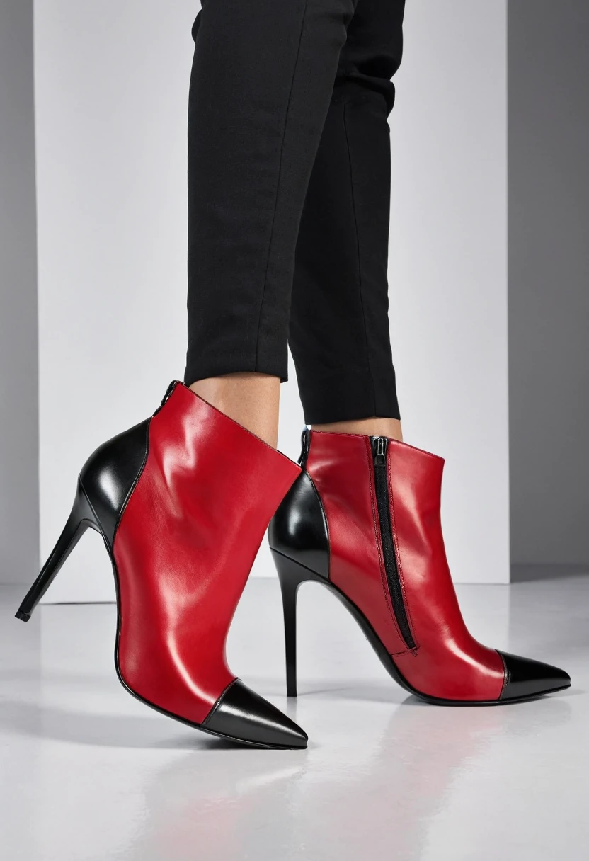 A pair of leather ankle boots. Red leather. Black ombre toe. black carbon fibre stiletto heels 