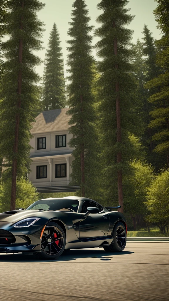 there is a black Dodge Viper sports car parked inside of a glasshouse in front of a large window, with a forest in the background , concept art inspired by Harry Haenigsen, unsplash, photorealism, sports car in the room, hyper detailed, sports car, sportcar, 8 k octane detailed render, hyperdetailed!, black car, style of gta v artworks, hyper realistic octane render 4k, 8 k octane comprehensive render, full body shot, car photoshoot