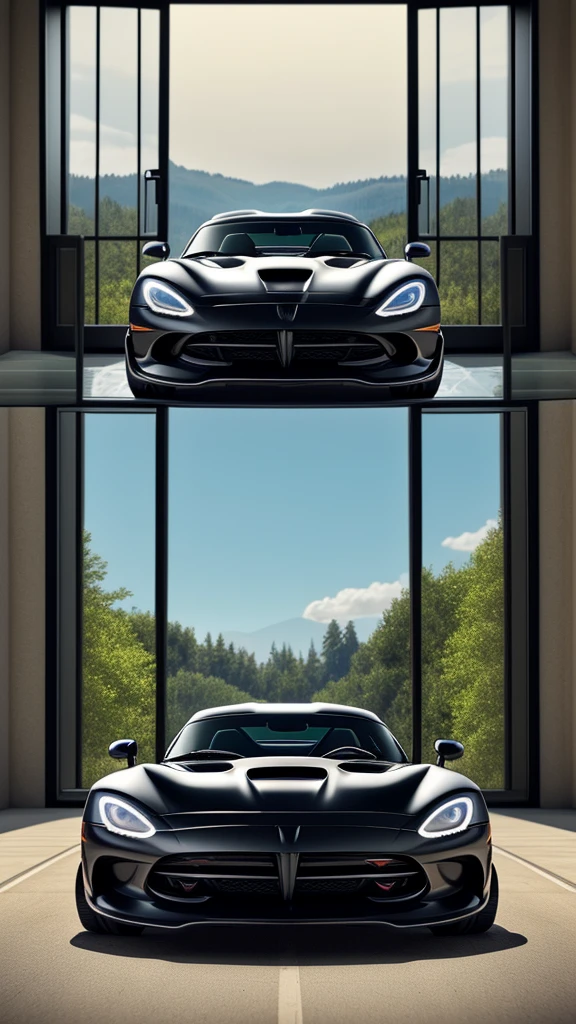 there is a black Dodge Viper sports car parked inside of a glasshouse in front of a large window, with a forest in the background , concept art inspired by Harry Haenigsen, unsplash, photorealism, sports car in the room, hyper detailed, sports car, sportcar, 8 k octane detailed render, hyperdetailed!, black car, style of gta v artworks, hyper realistic octane render 4k, 8 k octane comprehensive render, full body shot, car photoshoot