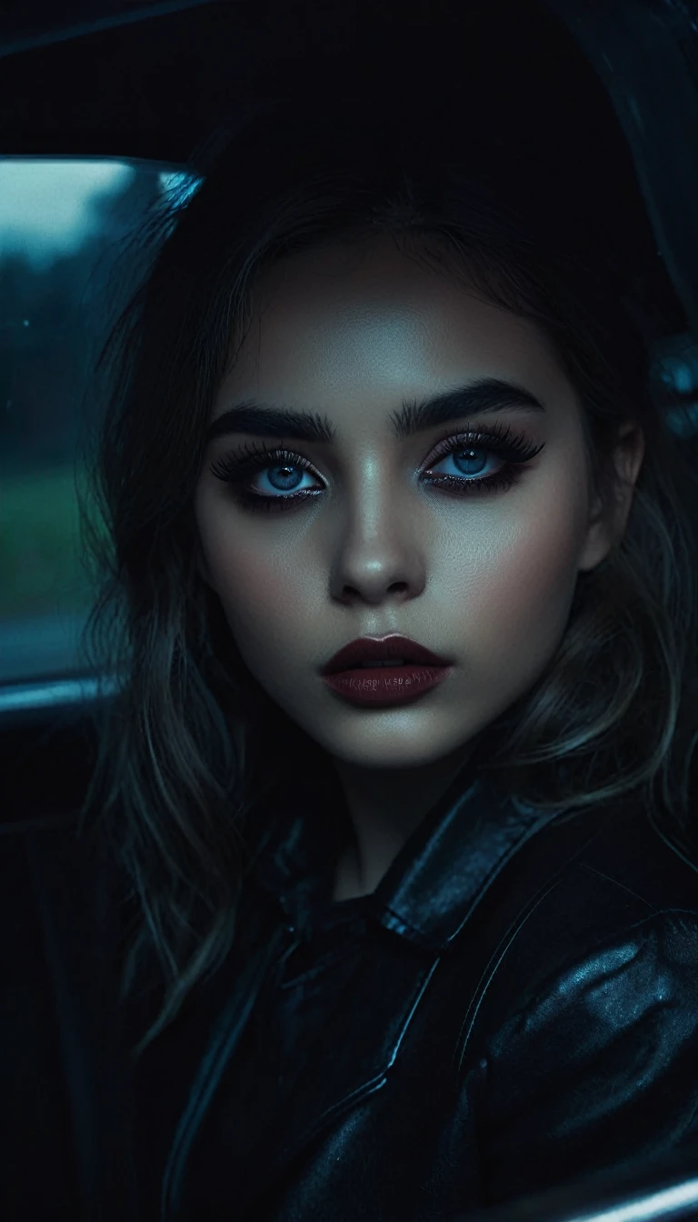 a girl in a car,beautiful detailed eyes,beautiful detailed lips,extremely detailed eyes and face,longeyelashes,1girl,1boy,boy in car,girl speaking to boy,place me in my casket tonight,dark moody atmosphere,dramatic lighting,cinematic,chiaroscuro,muted color palette,digital art