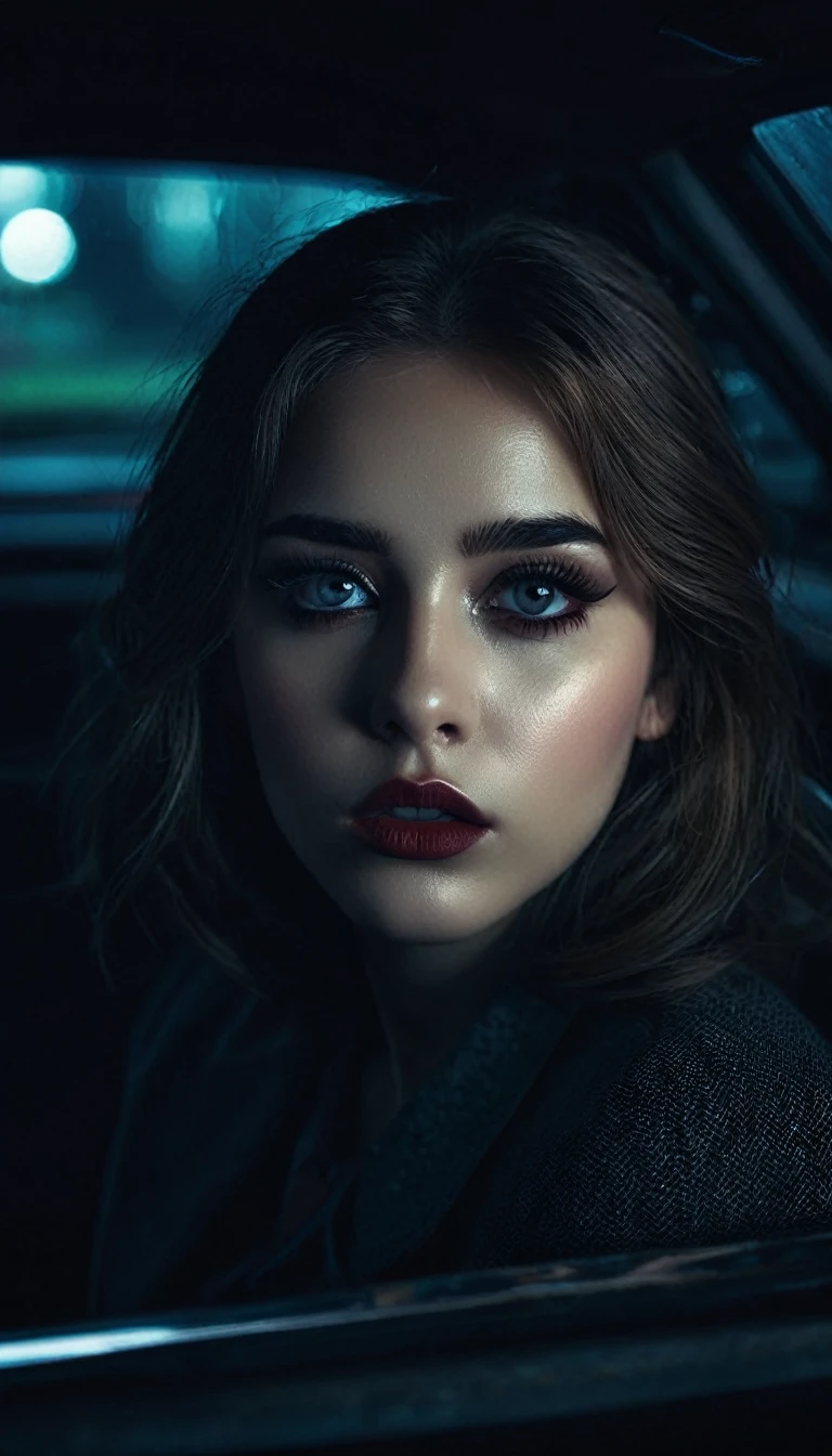 a girl in a car,beautiful detailed eyes,beautiful detailed lips,extremely detailed eyes and face,longeyelashes,1girl,1boy,boy in car,girl speaking to boy,place me in my casket tonight,dark moody atmosphere,dramatic lighting,cinematic,chiaroscuro,muted color palette,digital art