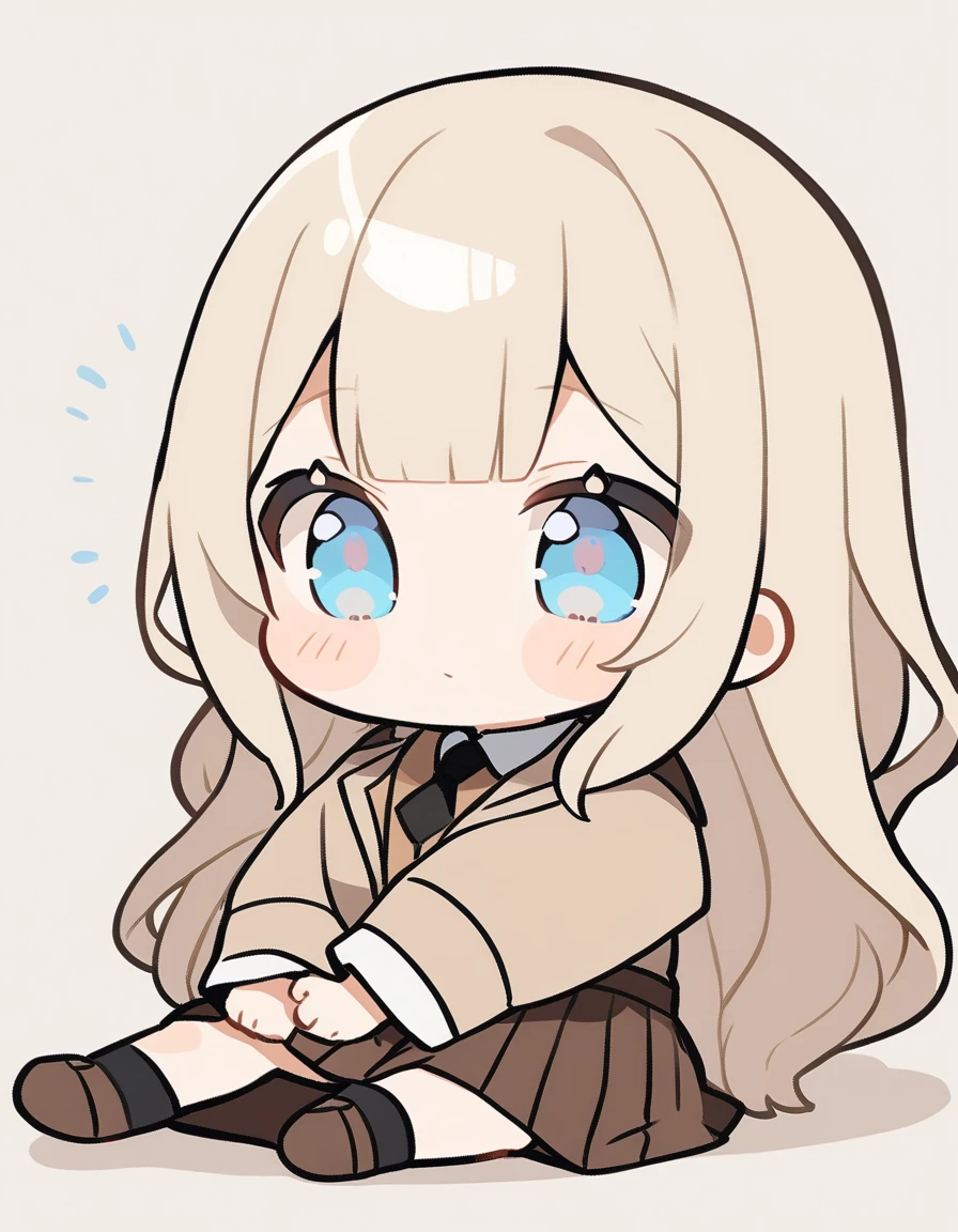 One girl, Beige hair、Long Hair、Bangs、Detective Suit、chibi,Light blue eyes、simple background、skirt、Brown clothes、Place your hands on the floor