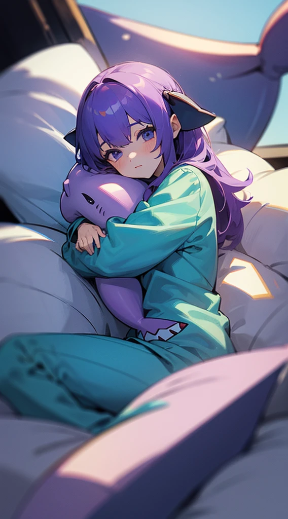 Top Quality, 8K, 4K, High Definition, Detail, (better-quality, 8K, 12), top-quality, 1 girl, purple short, sit down, hugs a shark pillow, wearing a shark PJ,
