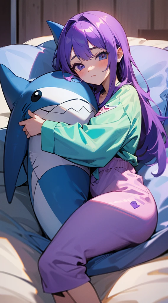 Top Quality, 8K, 4K, High Definition, Detail, (better-quality, 8K, 12), top-quality, 1 girl, purple short, sit down, hugs a shark pillow, wearing a shark PJ,