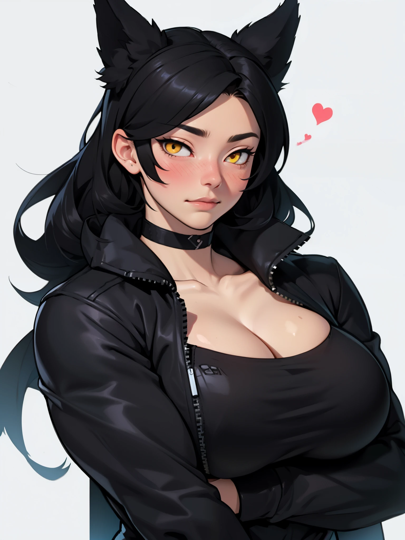 empty eyes blush muscular girl massive breasts black hair yellow eyes pale skin choker
