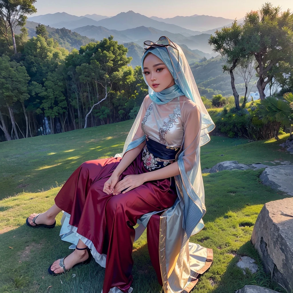 A stunning, high-resolution photo of a beautiful woman wearing a hijab, fully dressed in climbing attire with intricate equipment. She is sitting on the grass at a slight angle, enjoying the breathtaking panorama of the Dieng plateau. The early morning sun creates a serene atmosphere, with a hint of sunrise in the sky. The photo captures the essence of peace and tranquility, with sharp details and ornate elements. The scene is reminiscent of a 32K ultra-high-definition image, showcasing the beauty of wildlife and portrait photography., wildlife photography, photo, portrait photography