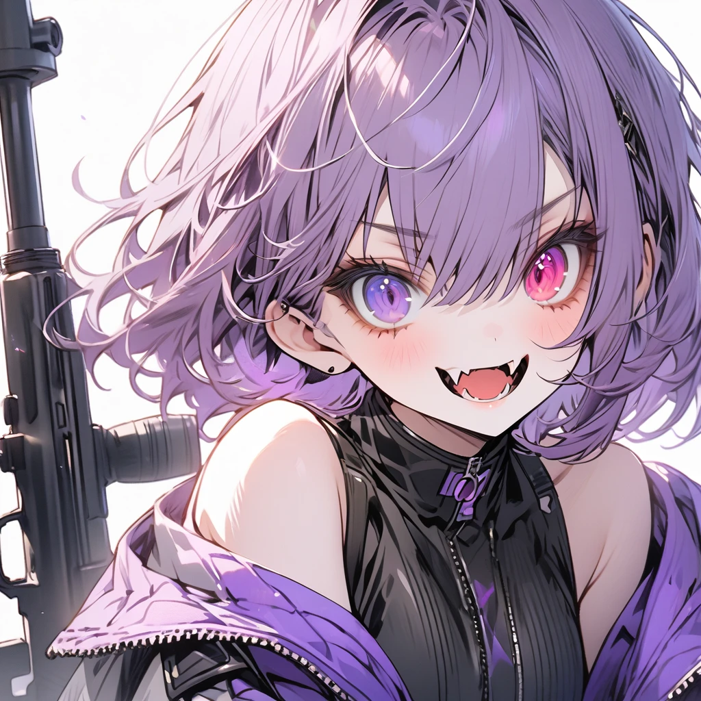 high resolution ,cute ,One Woman , Purple Hair, short hair , Fangs Beautiful Eyes ,Red and purple heterochromia ,♰Eyes and shoulders are protruding ,Jacket ,Possessing a sniper rifle