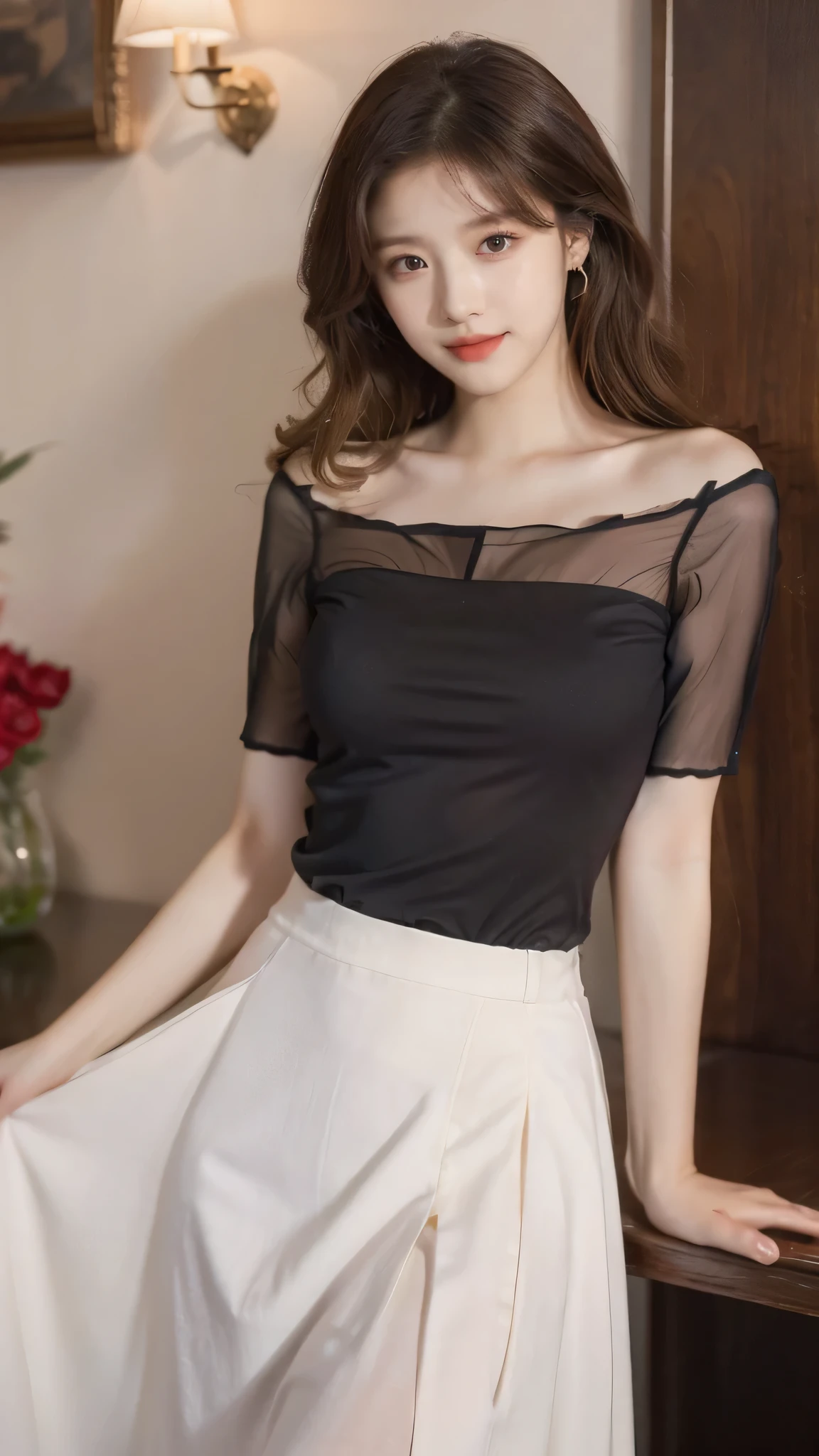 detailed background, masterpiece, best quality, 1 person , curly hair, long hair, purple eyes, star in eye ,red ♥️ ♥️ ♥️ ♥️ ♥️ ♥️ ♥️ ♥️ ♥️ ♥️ Strapless blouse, long  skirt